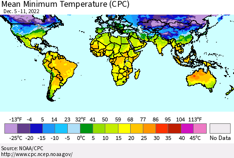 World Mean Minimum Temperature (CPC) Thematic Map For 12/5/2022 - 12/11/2022