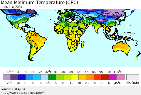 World Mean Minimum Temperature (CPC) Thematic Map For 1/2/2023 - 1/8/2023