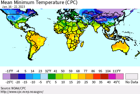World Mean Minimum Temperature (CPC) Thematic Map For 1/16/2023 - 1/22/2023