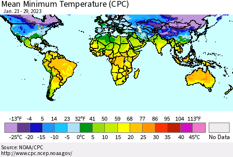 World Mean Minimum Temperature (CPC) Thematic Map For 1/23/2023 - 1/29/2023