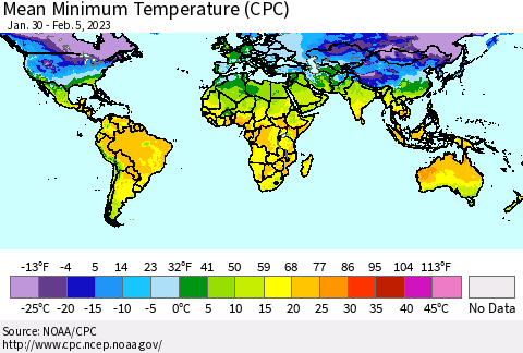 World Mean Minimum Temperature (CPC) Thematic Map For 1/30/2023 - 2/5/2023