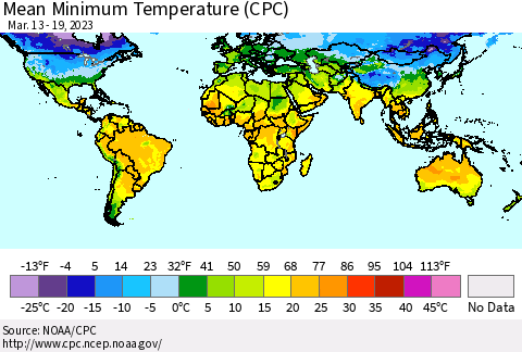World Mean Minimum Temperature (CPC) Thematic Map For 3/13/2023 - 3/19/2023