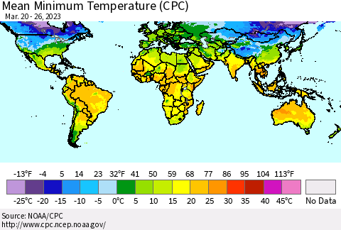 World Mean Minimum Temperature (CPC) Thematic Map For 3/20/2023 - 3/26/2023