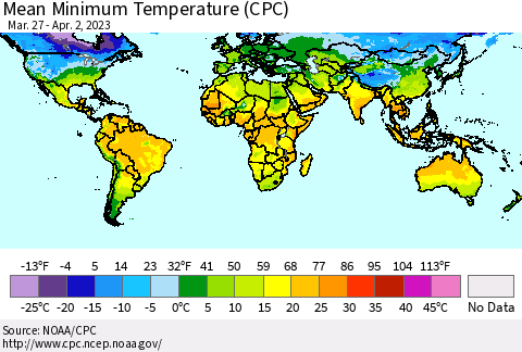 World Mean Minimum Temperature (CPC) Thematic Map For 3/27/2023 - 4/2/2023