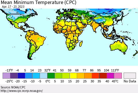 World Mean Minimum Temperature (CPC) Thematic Map For 4/17/2023 - 4/23/2023