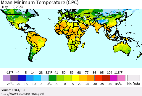 World Mean Minimum Temperature (CPC) Thematic Map For 5/1/2023 - 5/7/2023