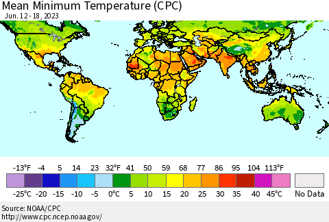 World Mean Minimum Temperature (CPC) Thematic Map For 6/12/2023 - 6/18/2023