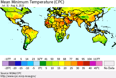World Mean Minimum Temperature (CPC) Thematic Map For 7/31/2023 - 8/6/2023
