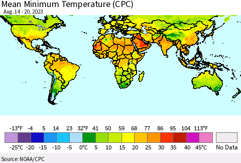 World Mean Minimum Temperature (CPC) Thematic Map For 8/14/2023 - 8/20/2023