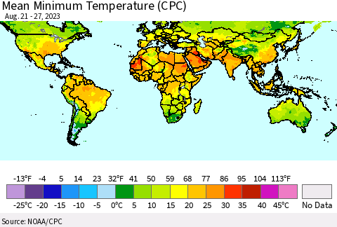 World Mean Minimum Temperature (CPC) Thematic Map For 8/21/2023 - 8/27/2023