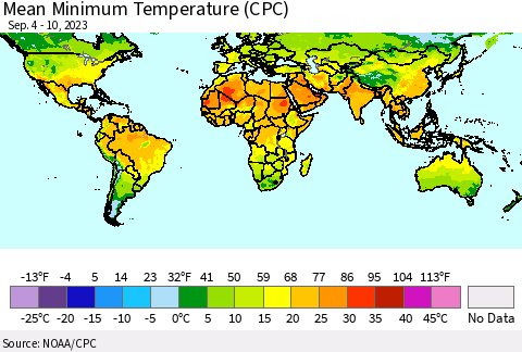 World Mean Minimum Temperature (CPC) Thematic Map For 9/4/2023 - 9/10/2023