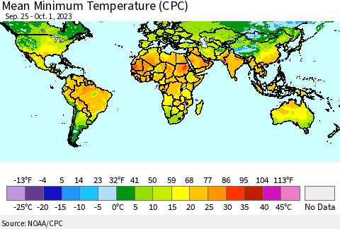 World Mean Minimum Temperature (CPC) Thematic Map For 9/25/2023 - 10/1/2023
