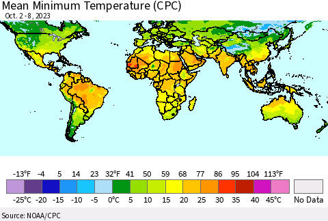 World Mean Minimum Temperature (CPC) Thematic Map For 10/2/2023 - 10/8/2023