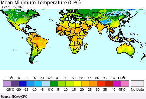 World Mean Minimum Temperature (CPC) Thematic Map For 10/9/2023 - 10/15/2023