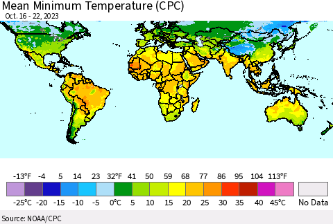 World Mean Minimum Temperature (CPC) Thematic Map For 10/16/2023 - 10/22/2023