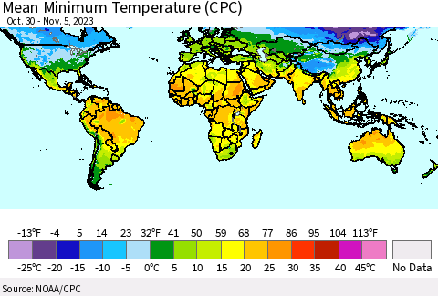 World Mean Minimum Temperature (CPC) Thematic Map For 10/30/2023 - 11/5/2023
