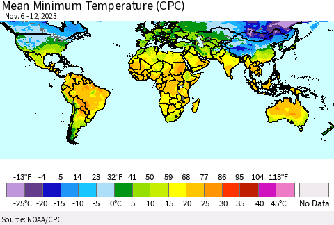 World Mean Minimum Temperature (CPC) Thematic Map For 11/6/2023 - 11/12/2023
