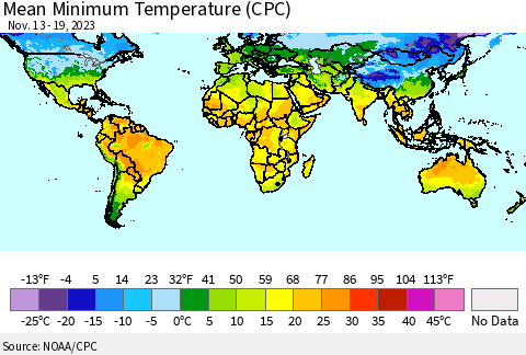 World Mean Minimum Temperature (CPC) Thematic Map For 11/13/2023 - 11/19/2023