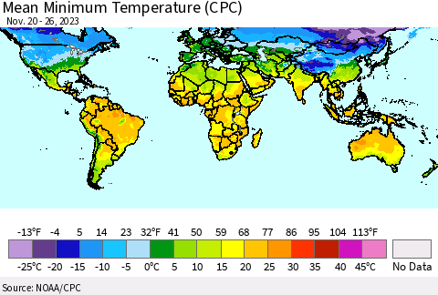 World Mean Minimum Temperature (CPC) Thematic Map For 11/20/2023 - 11/26/2023