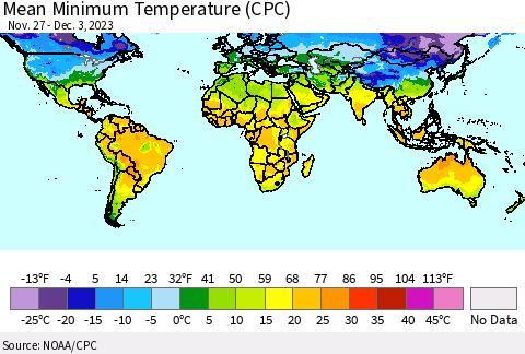 World Mean Minimum Temperature (CPC) Thematic Map For 11/27/2023 - 12/3/2023