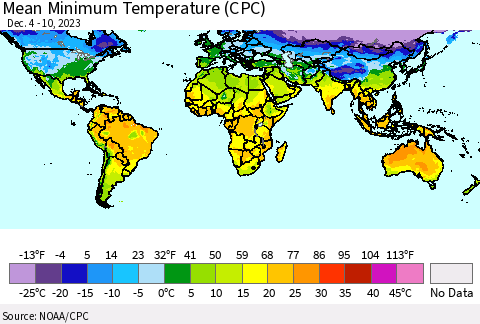 World Mean Minimum Temperature (CPC) Thematic Map For 12/4/2023 - 12/10/2023