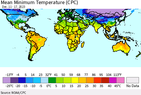 World Mean Minimum Temperature (CPC) Thematic Map For 12/11/2023 - 12/17/2023