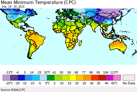 World Mean Minimum Temperature (CPC) Thematic Map For 12/18/2023 - 12/24/2023