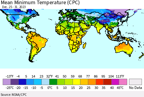 World Mean Minimum Temperature (CPC) Thematic Map For 12/25/2023 - 12/31/2023