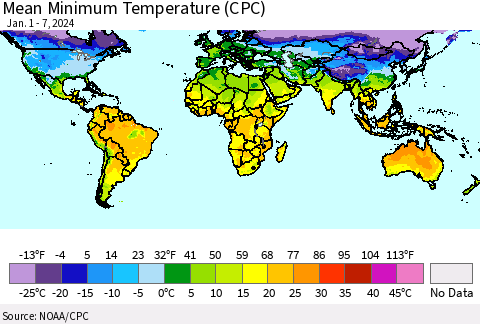 World Mean Minimum Temperature (CPC) Thematic Map For 1/1/2024 - 1/7/2024