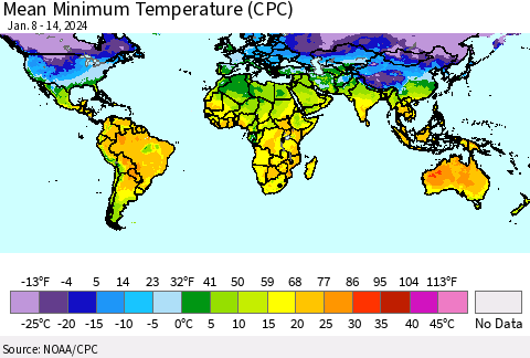 World Mean Minimum Temperature (CPC) Thematic Map For 1/8/2024 - 1/14/2024