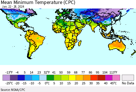 World Mean Minimum Temperature (CPC) Thematic Map For 1/22/2024 - 1/28/2024
