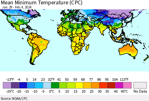 World Mean Minimum Temperature (CPC) Thematic Map For 1/29/2024 - 2/4/2024