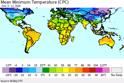 World Mean Minimum Temperature (CPC) Thematic Map For 2/5/2024 - 2/11/2024
