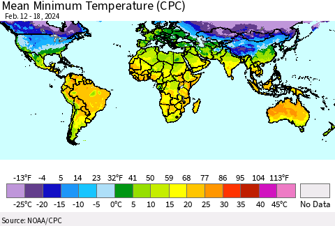 World Mean Minimum Temperature (CPC) Thematic Map For 2/12/2024 - 2/18/2024