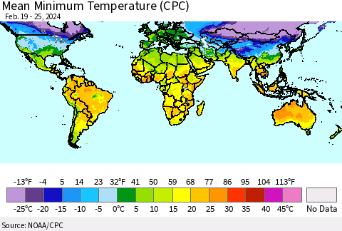World Mean Minimum Temperature (CPC) Thematic Map For 2/19/2024 - 2/25/2024