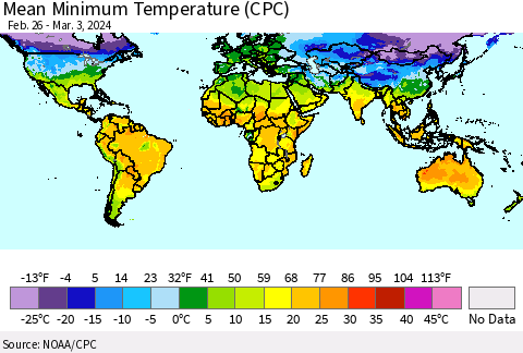 World Mean Minimum Temperature (CPC) Thematic Map For 2/26/2024 - 3/3/2024
