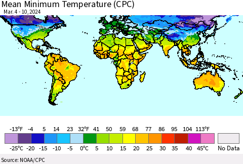World Mean Minimum Temperature (CPC) Thematic Map For 3/4/2024 - 3/10/2024