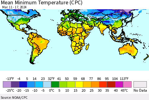 World Mean Minimum Temperature (CPC) Thematic Map For 3/11/2024 - 3/17/2024
