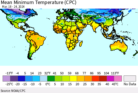 World Mean Minimum Temperature (CPC) Thematic Map For 3/18/2024 - 3/24/2024