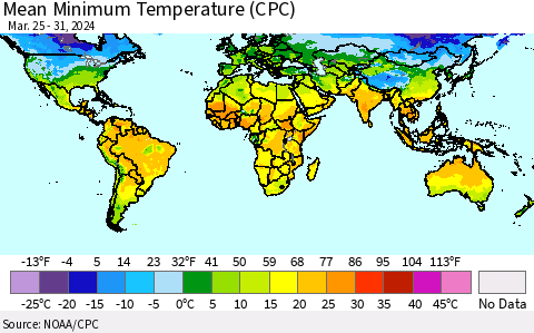 World Mean Minimum Temperature (CPC) Thematic Map For 3/25/2024 - 3/31/2024