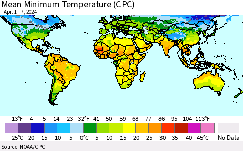 World Mean Minimum Temperature (CPC) Thematic Map For 4/1/2024 - 4/7/2024