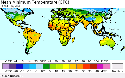 World Mean Minimum Temperature (CPC) Thematic Map For 4/8/2024 - 4/14/2024