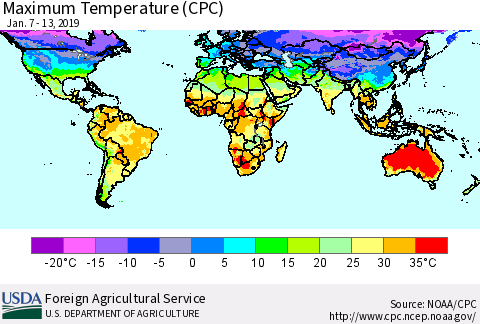 World Mean Maximum Temperature (CPC) Thematic Map For 1/7/2019 - 1/13/2019