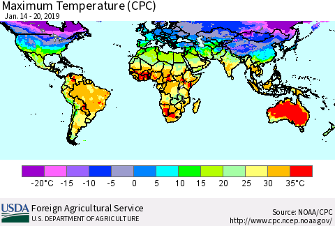 World Mean Maximum Temperature (CPC) Thematic Map For 1/14/2019 - 1/20/2019