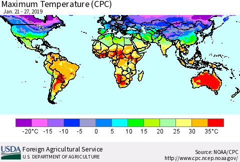 World Mean Maximum Temperature (CPC) Thematic Map For 1/21/2019 - 1/27/2019