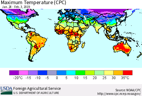 World Mean Maximum Temperature (CPC) Thematic Map For 1/28/2019 - 2/3/2019