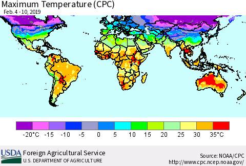 World Mean Maximum Temperature (CPC) Thematic Map For 2/4/2019 - 2/10/2019