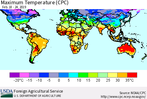 World Mean Maximum Temperature (CPC) Thematic Map For 2/18/2019 - 2/24/2019
