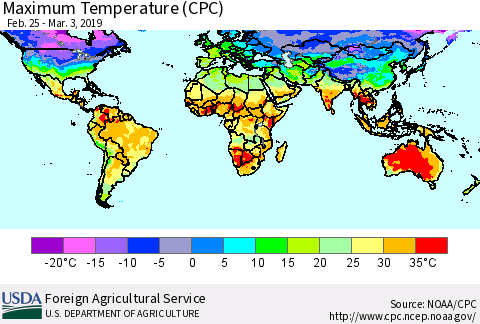 World Mean Maximum Temperature (CPC) Thematic Map For 2/25/2019 - 3/3/2019