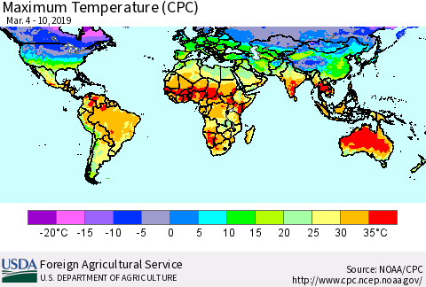 World Mean Maximum Temperature (CPC) Thematic Map For 3/4/2019 - 3/10/2019